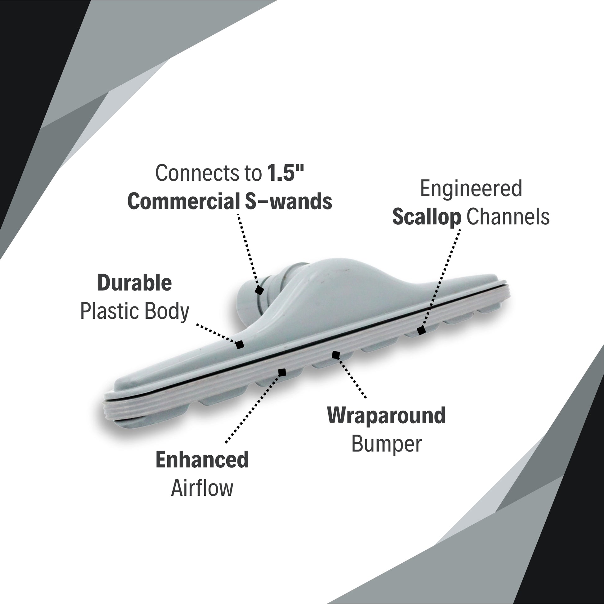 Highlighted features of the 14" scallop tool including airflow channels and wraparound bumper