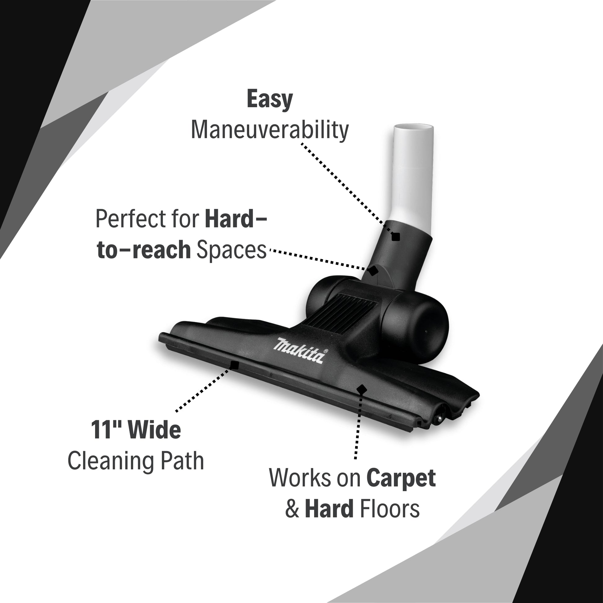 Makita 11" Universal Floor Nozzle highlighting key features and dual-surface compatibility