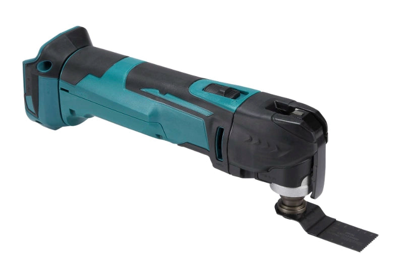 Close right angle of Makita multi-tool highlighting side profile and blade
