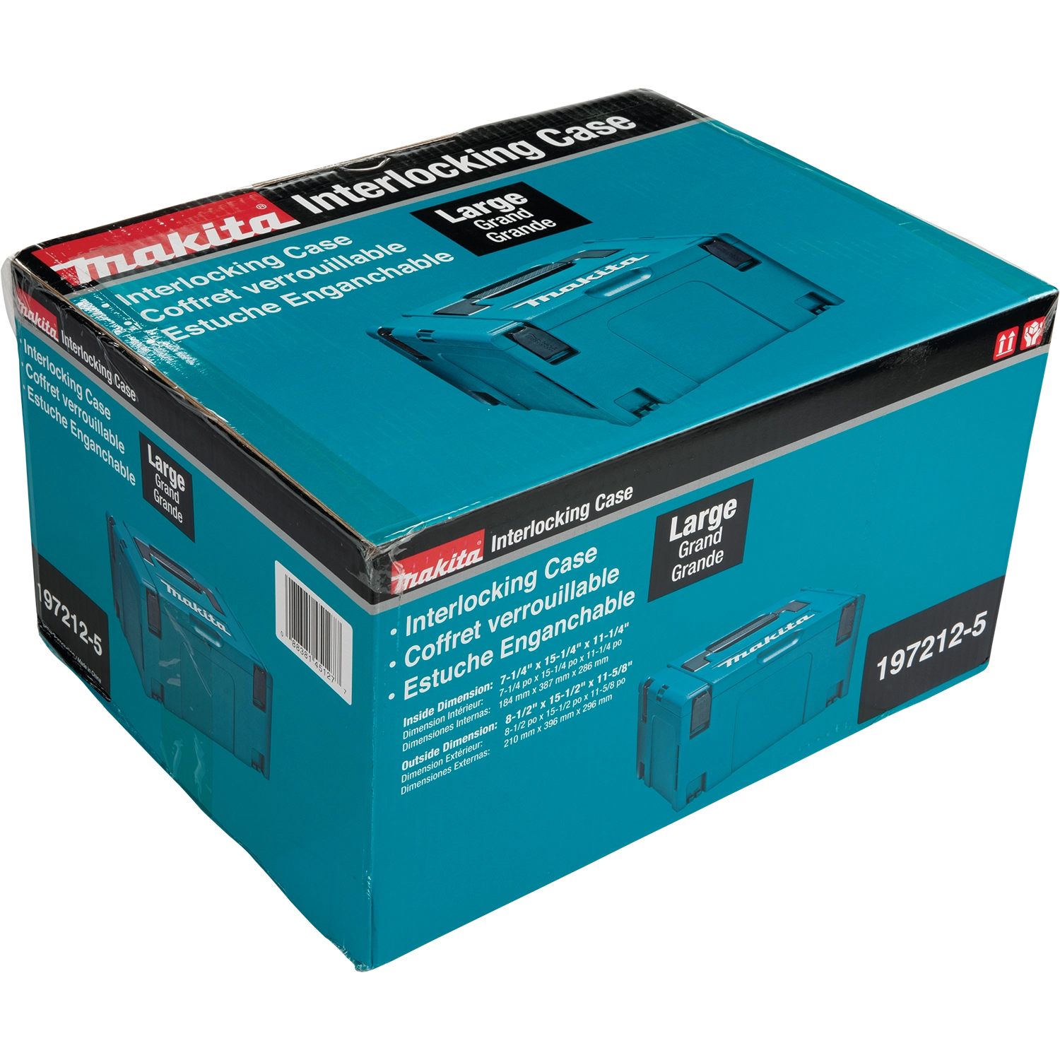 angled view of makita interlocking case showing dimensions and contours