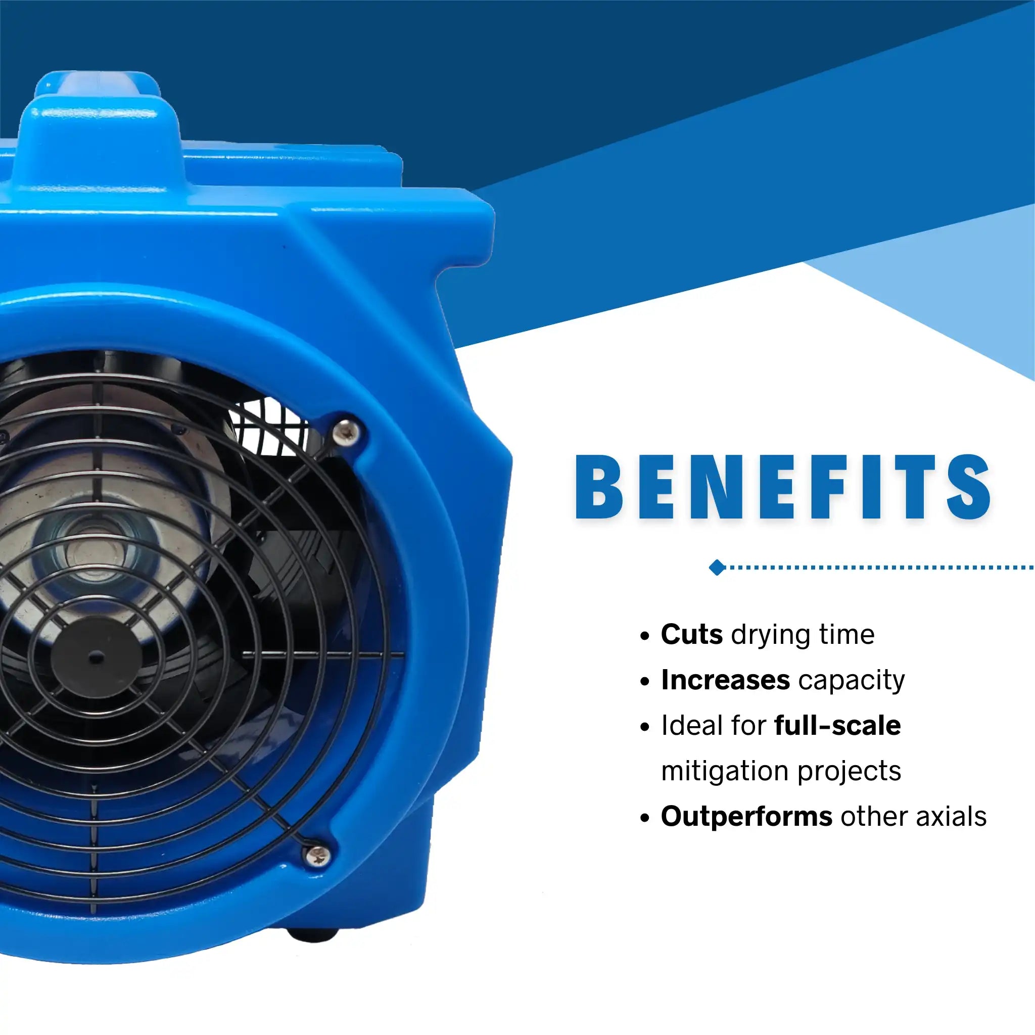 Front view of ASD Axial Mini Air Mover with benefits list for restoration professionals
