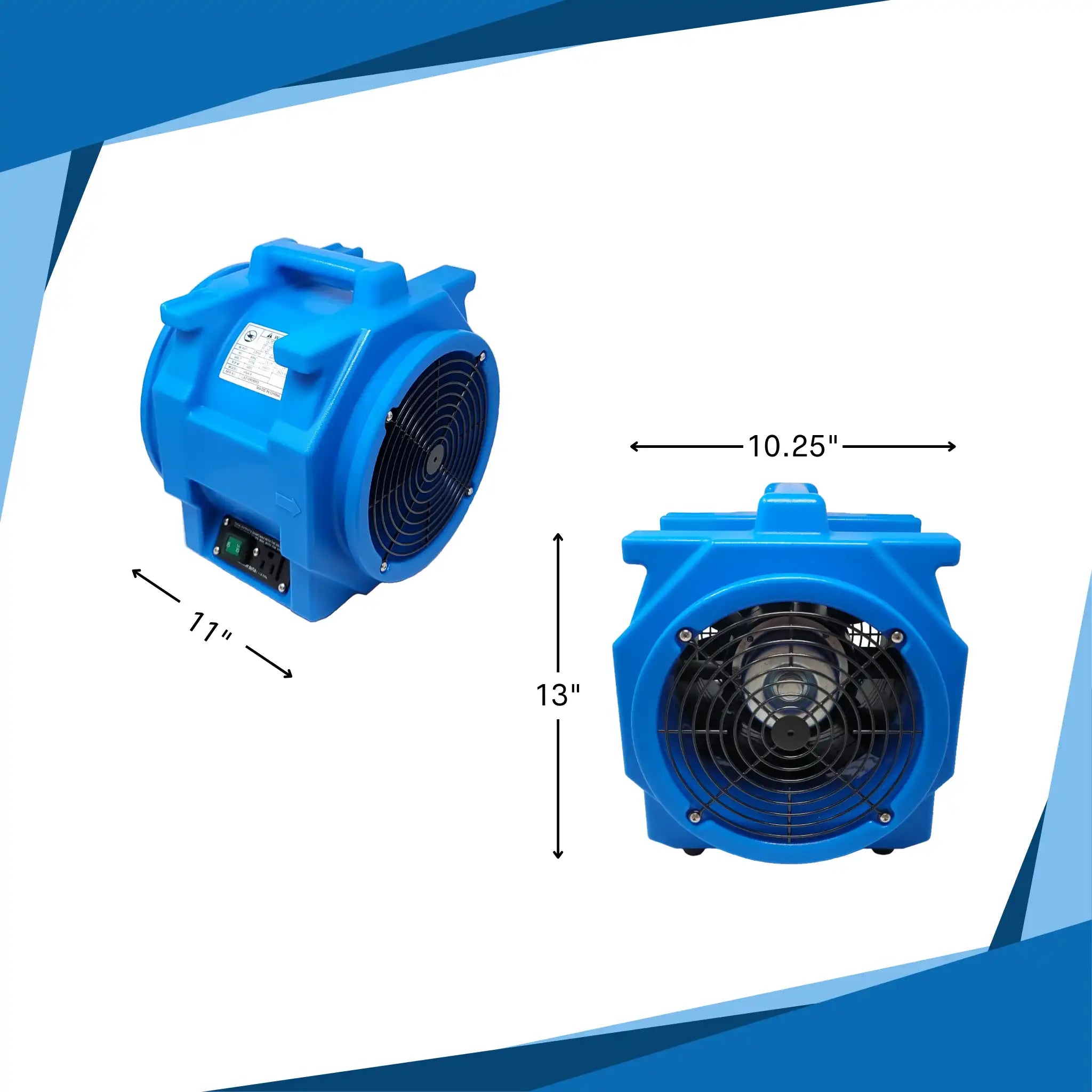 Dimensions of ASD Axial Mini Air Mover labeled with height, width, and depth