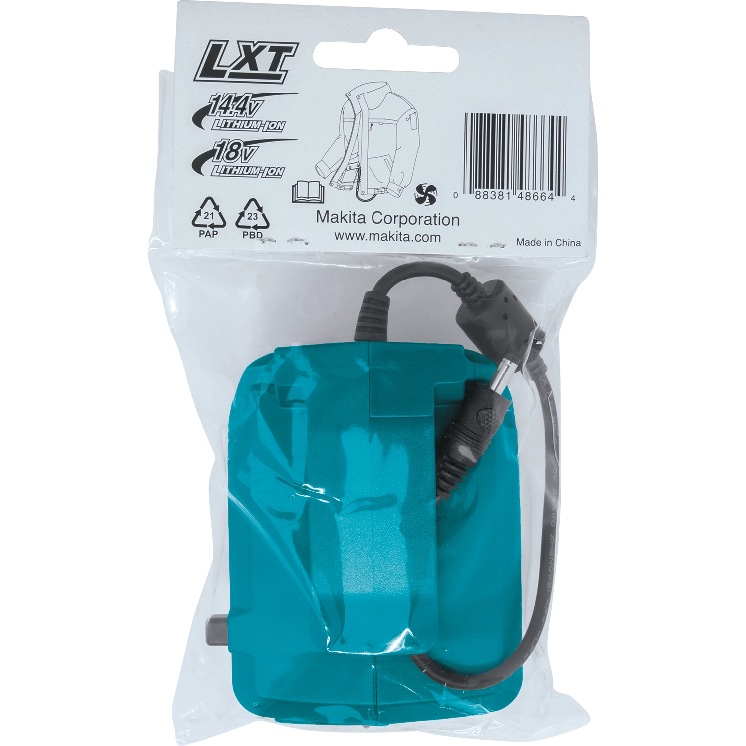 back of makita 18v lxt power source packaging listing specifications and features