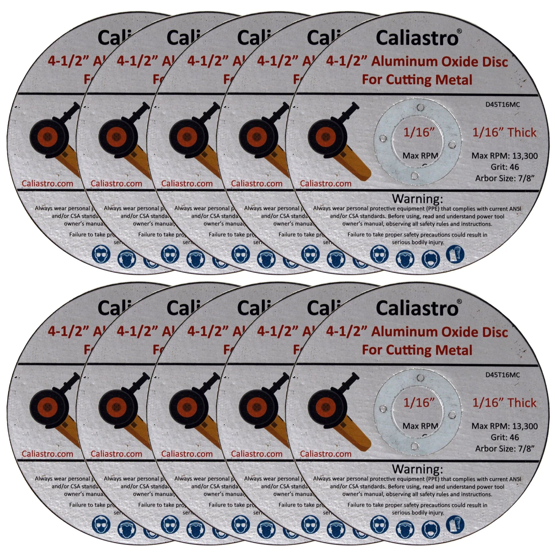 Stack of 10 Caliastro 4.5-inch cut off wheels showing quantity and slim profile