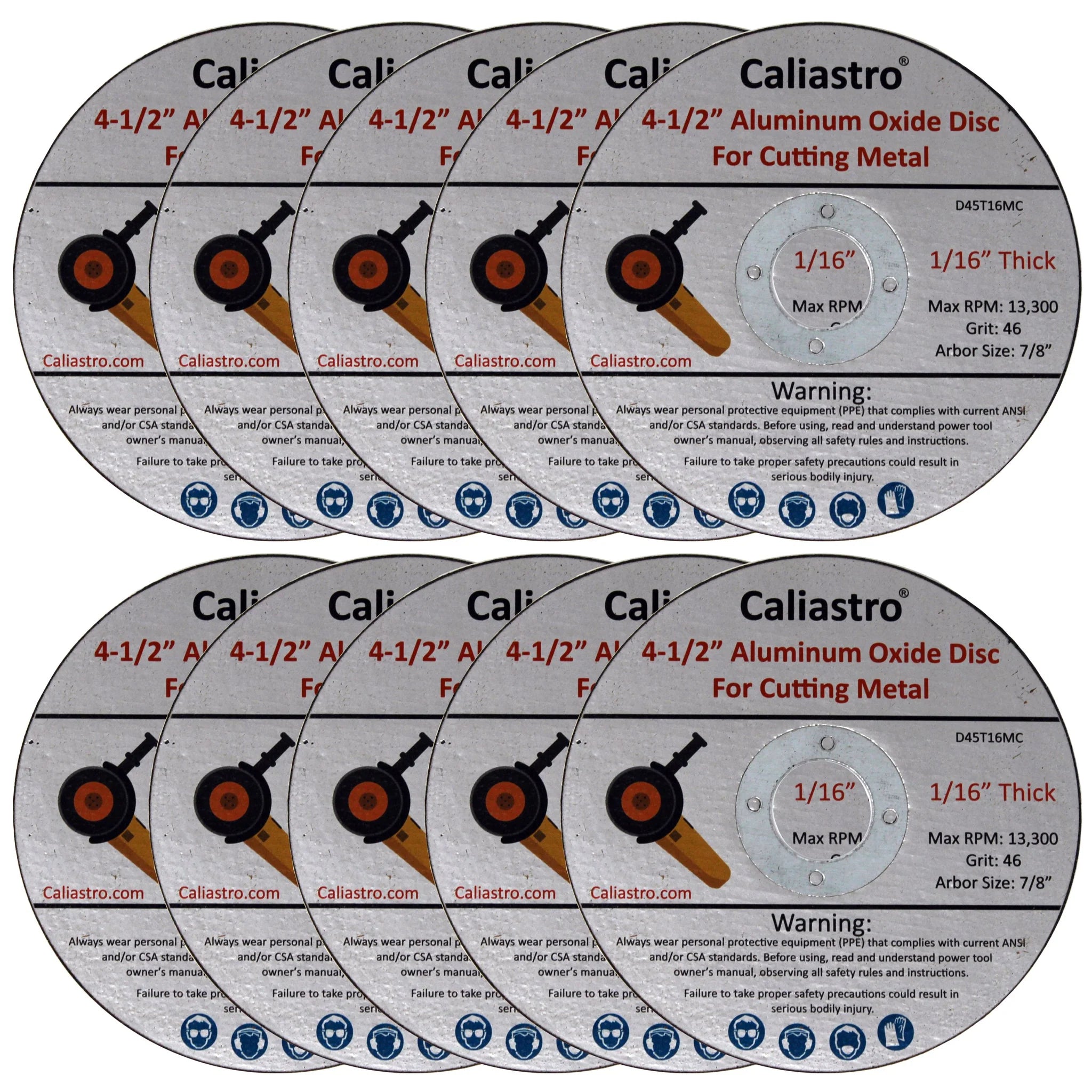 Stack of 10 Caliastro 4.5-inch cut off wheels showing quantity and slim profile