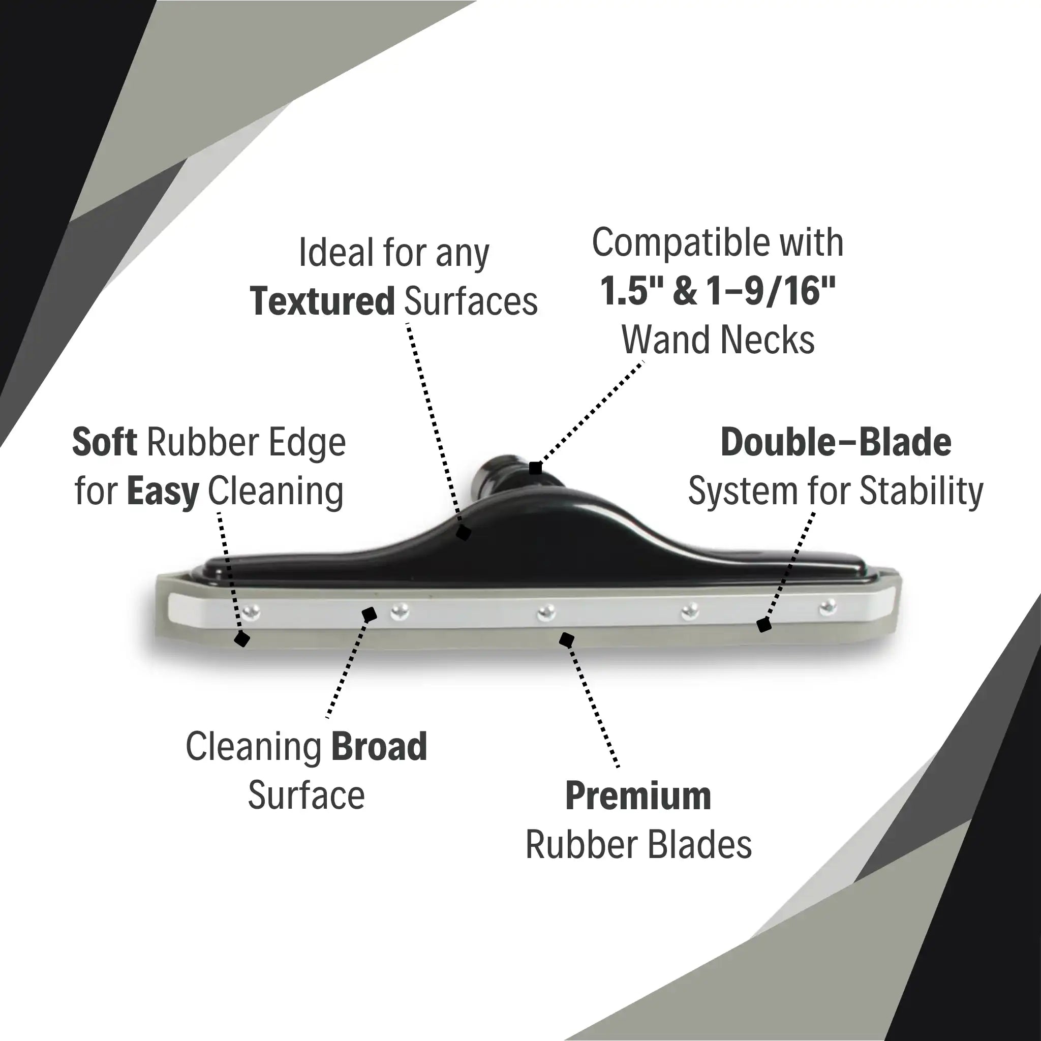 Labeled diagram of the CenTec 14" squeegee tool showing dual rubber blades, textured surface compatibility, and wand neck fitting.