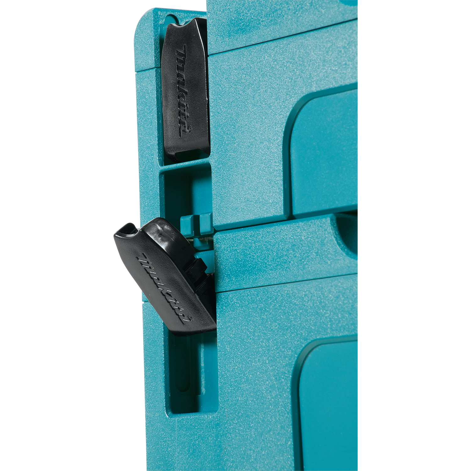 close up of latch clip on makita interlocking case securing the lid