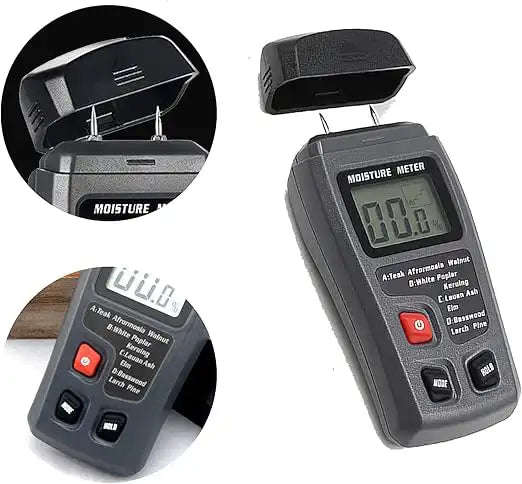 composite image of digital moisture meter showing cap removal, button controls, and angled view display