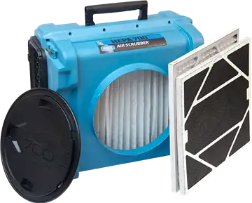 Dri-Eaz HEPA 700 air scrubber with HEPA, MERV 8, and activated carbon filters displayed separately