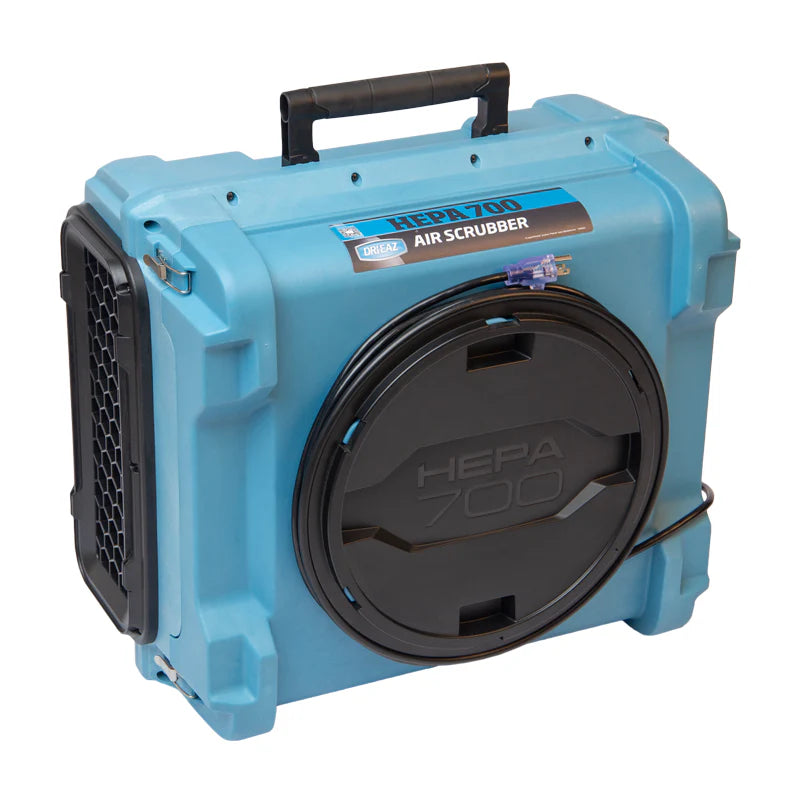 Dri-Eaz HEPA 700 air scrubber with power cord wrapped, front-facing view of compact HEPA filtration unit