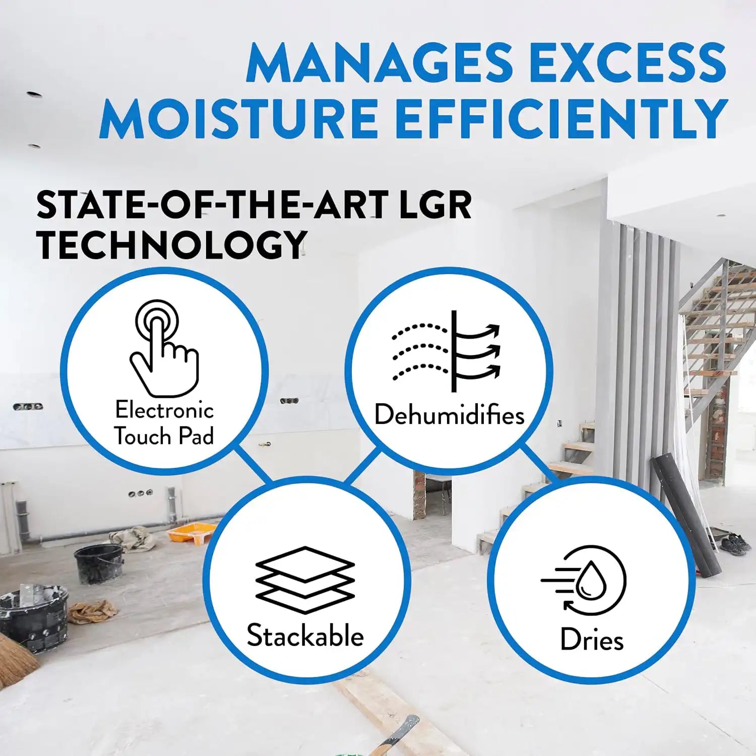 Dri-Eaz LGR 7000 XLi benefits infographic showing electronic touch pad, dehumidifying power, stackable design, and drying efficiency