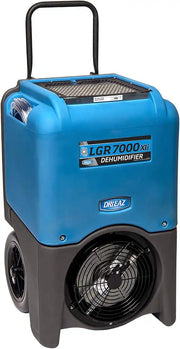 Front view of Dri-Eaz LGR 7000 XLi Dehumidifier with large wheels, handle, and integrated hose storage
