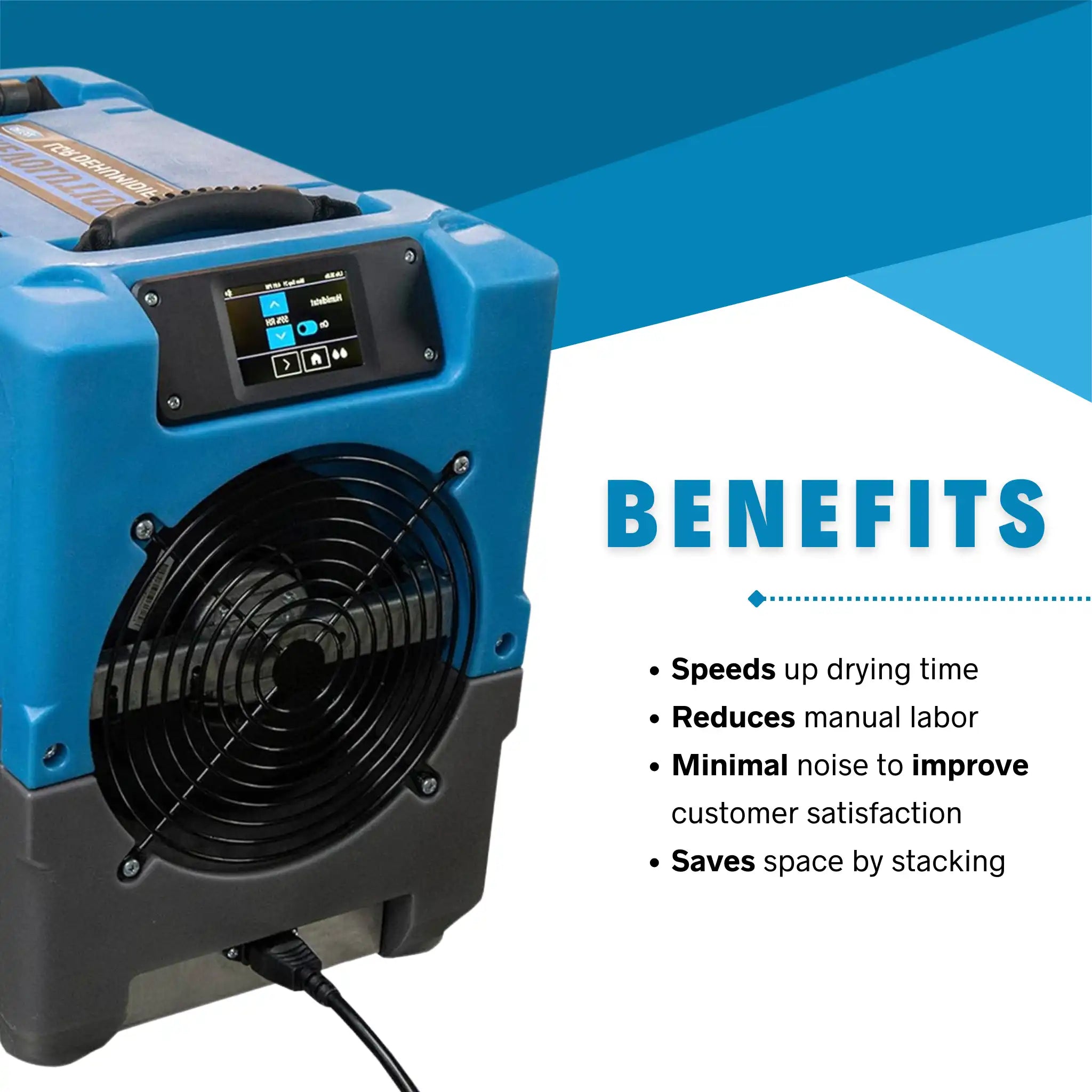 Front view of Dri-Eaz Revolution LGR Dehumidifier with benefits listed