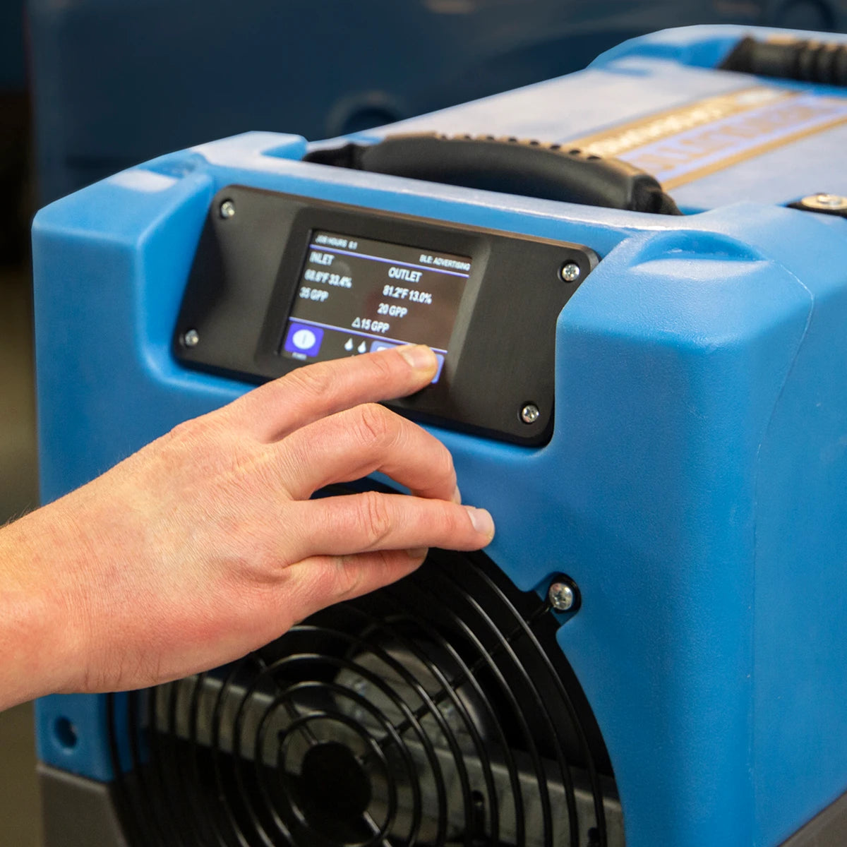 Full angled view of Dri-Eaz Revolution LGR Dehumidifier with digital control panel