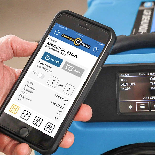 Smartphone displaying app interface for Dri-Eaz Revolution LGR Dehumidifier control