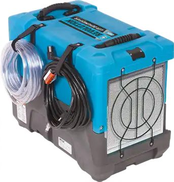 Back view of Dri-Eaz Revolution LGR Dehumidifier with pump-out hose and power cord