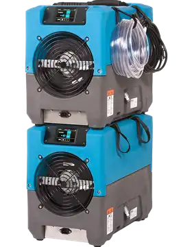 Two Dri-Eaz Revolution LGR Dehumidifiers stacked for compact storage