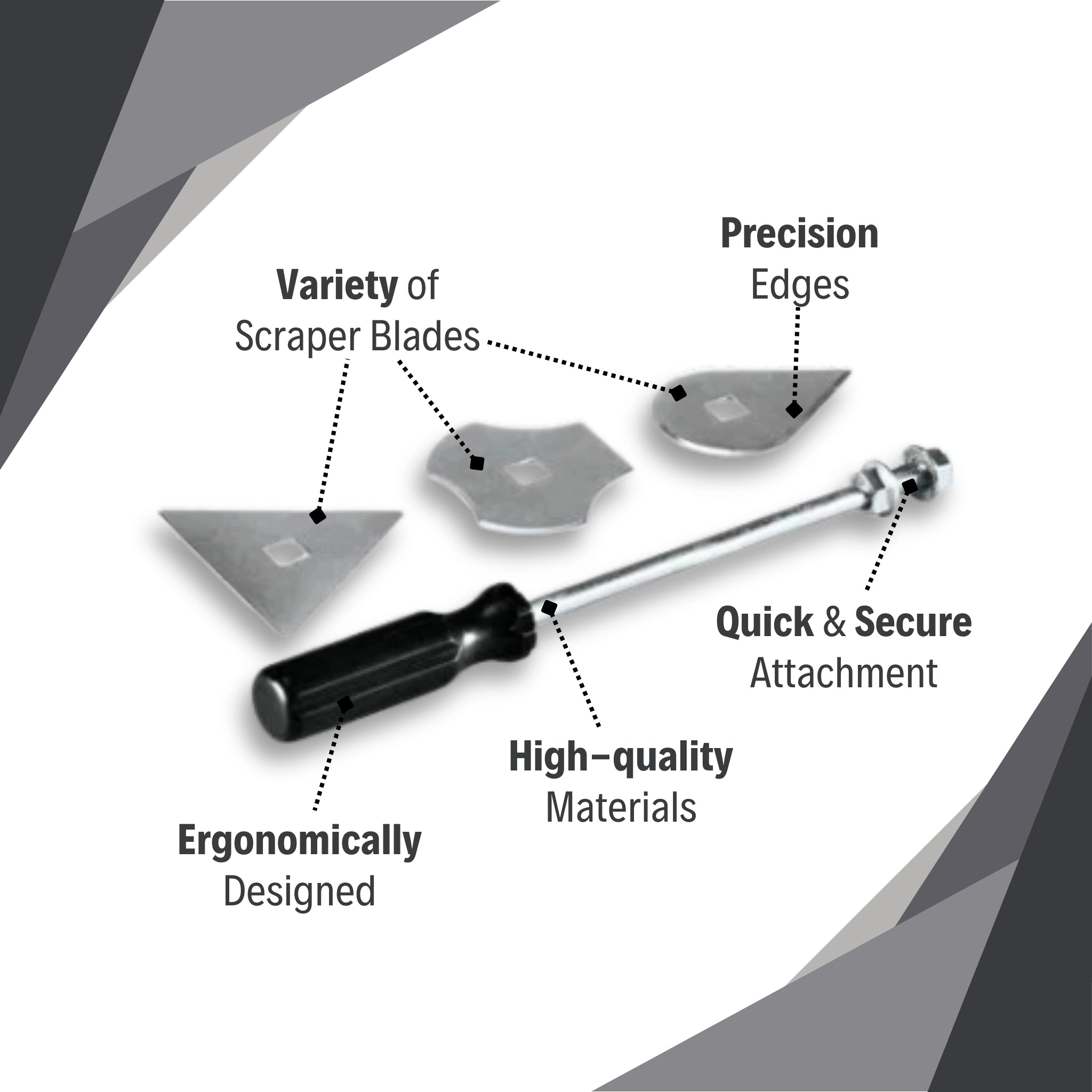 features of makita scraper set showing blade options and ergonomic design