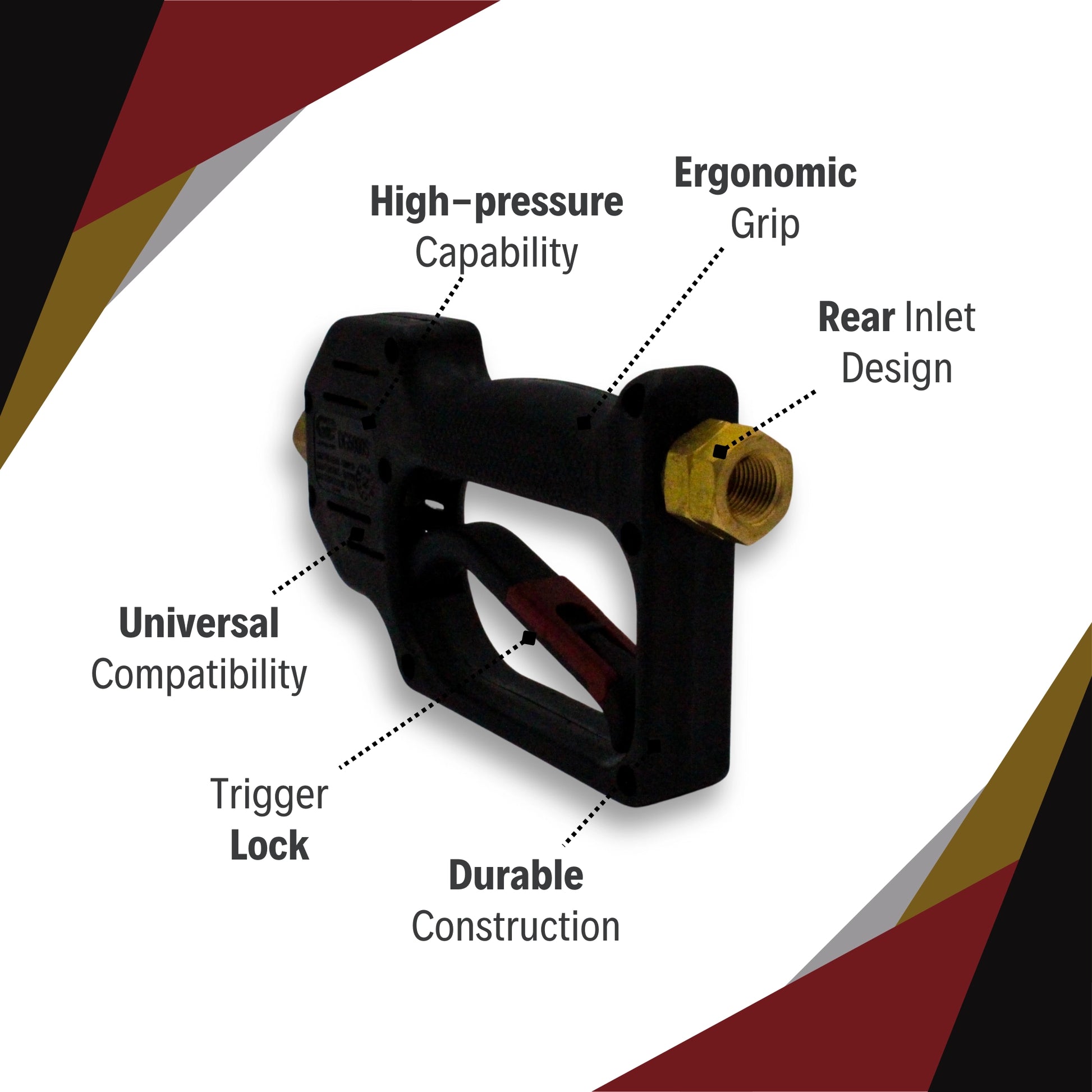 general pump rear inlet spray gun highlighting features including ergonomic grip and safety trigger