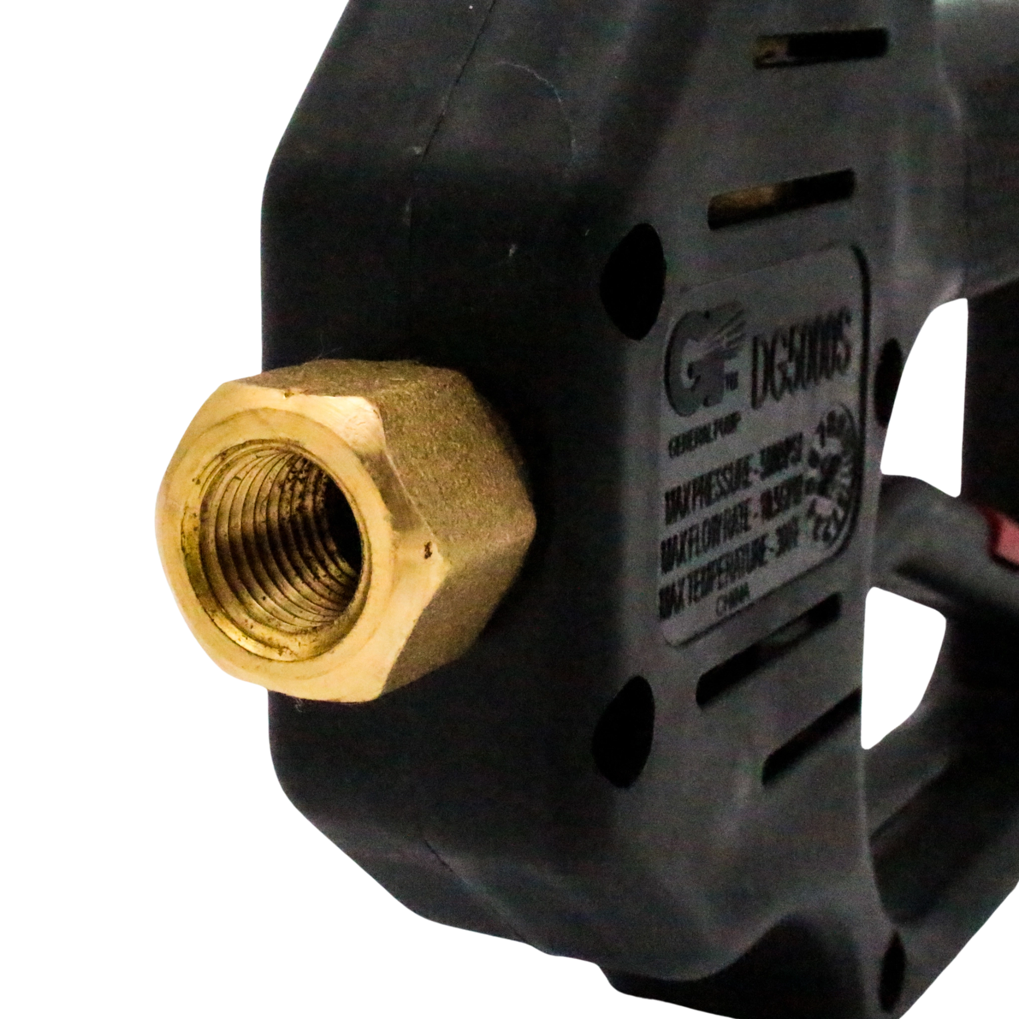 close-up of stainless steel nozzle on general pump rear inlet spray gun