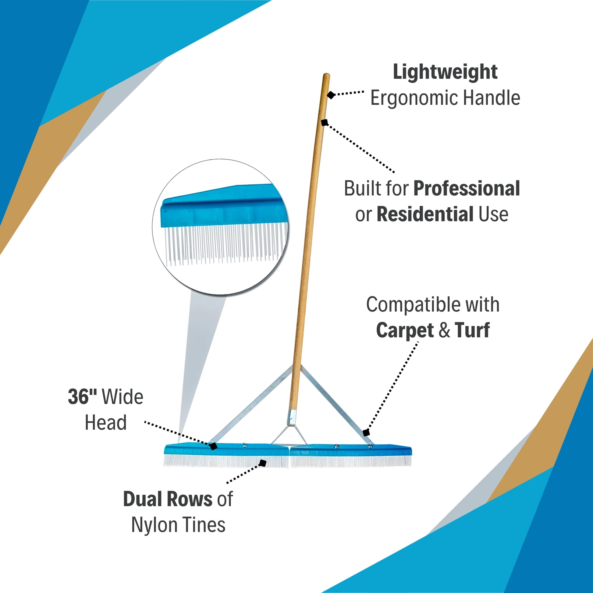 grandi groom 36 inch rake showing dual nylon bristle rows and wide grooming head