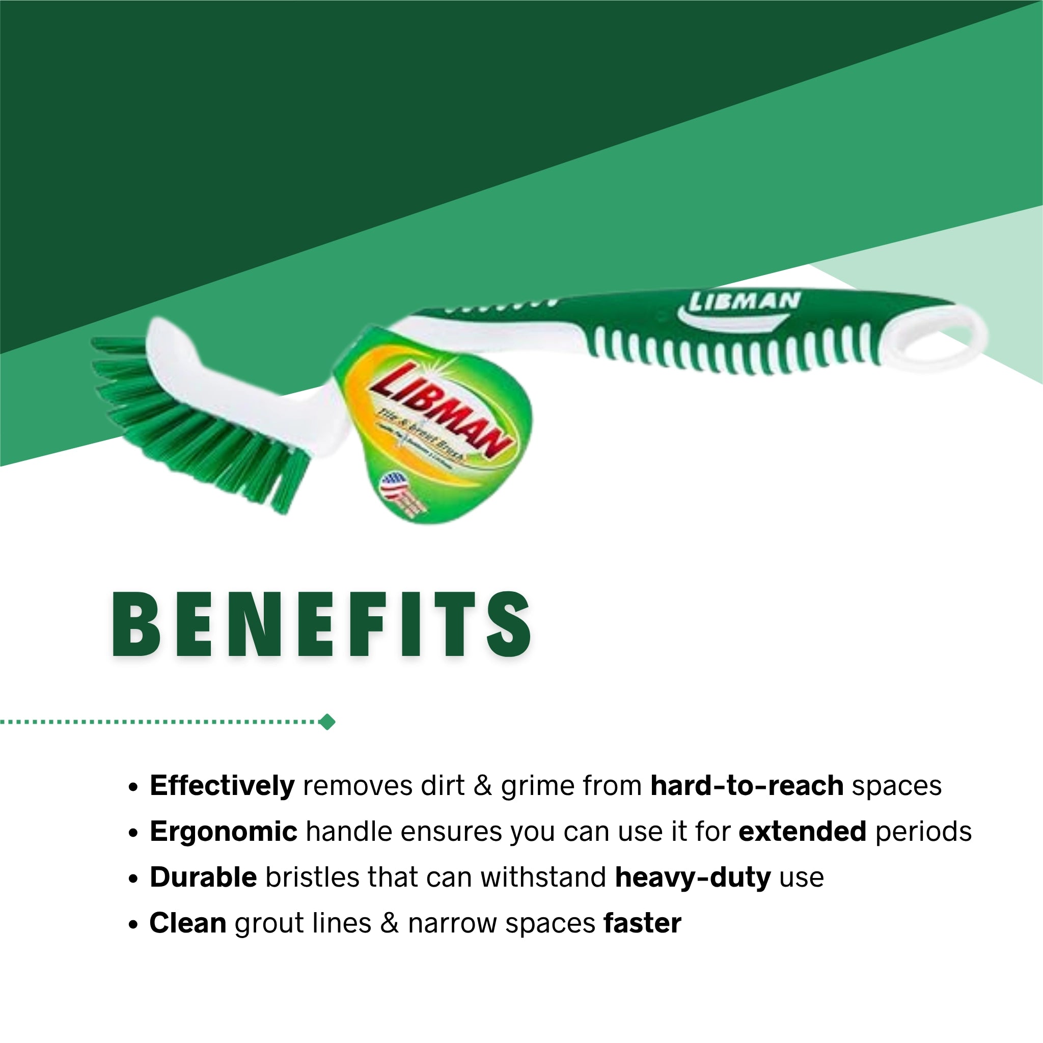 Libman grout brush highlighting key benefits for deep tile and grout cleaning