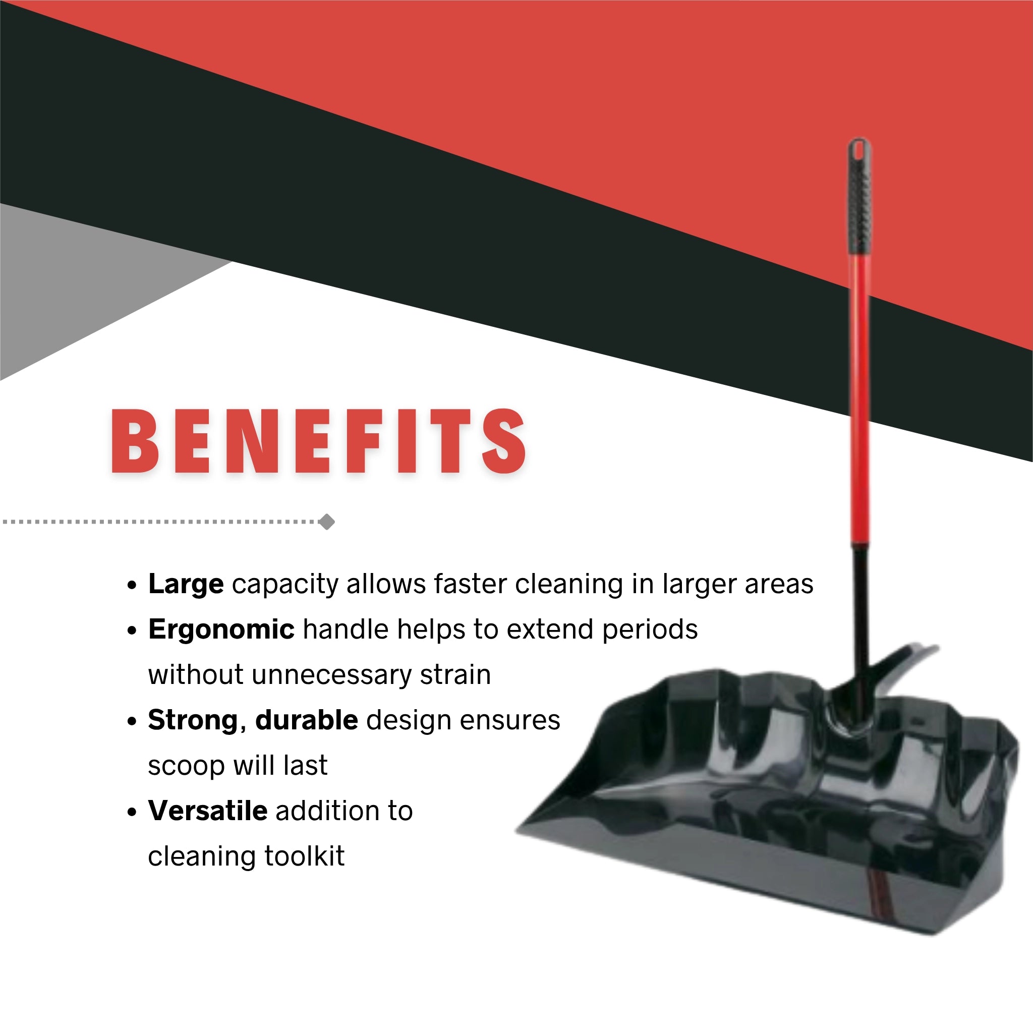 Libman scoop showing benefits of large capacity and efficient cleanup