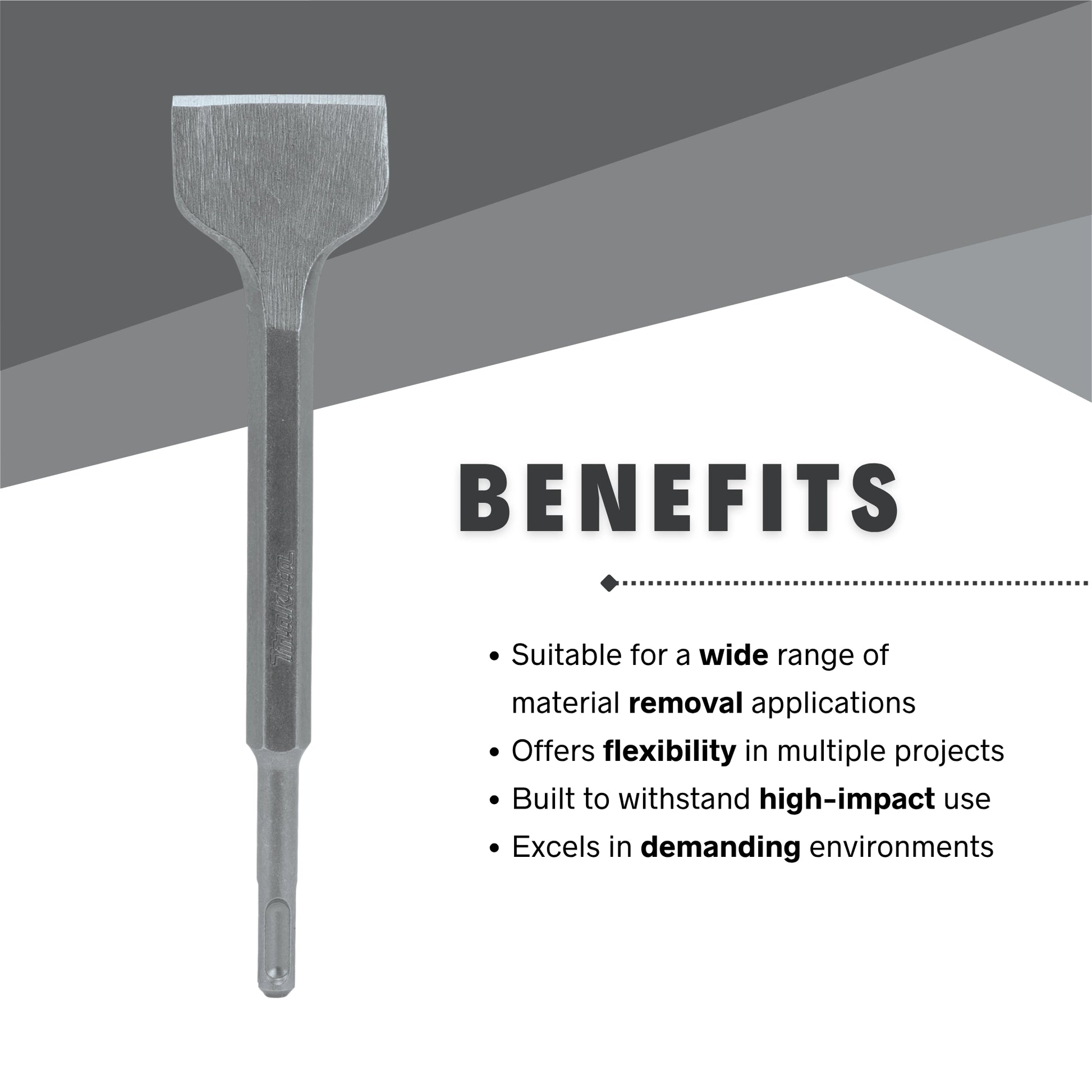 Makita 2" x 8.5" scaling chisel SDS+ benefits shown through efficient tile and concrete removal