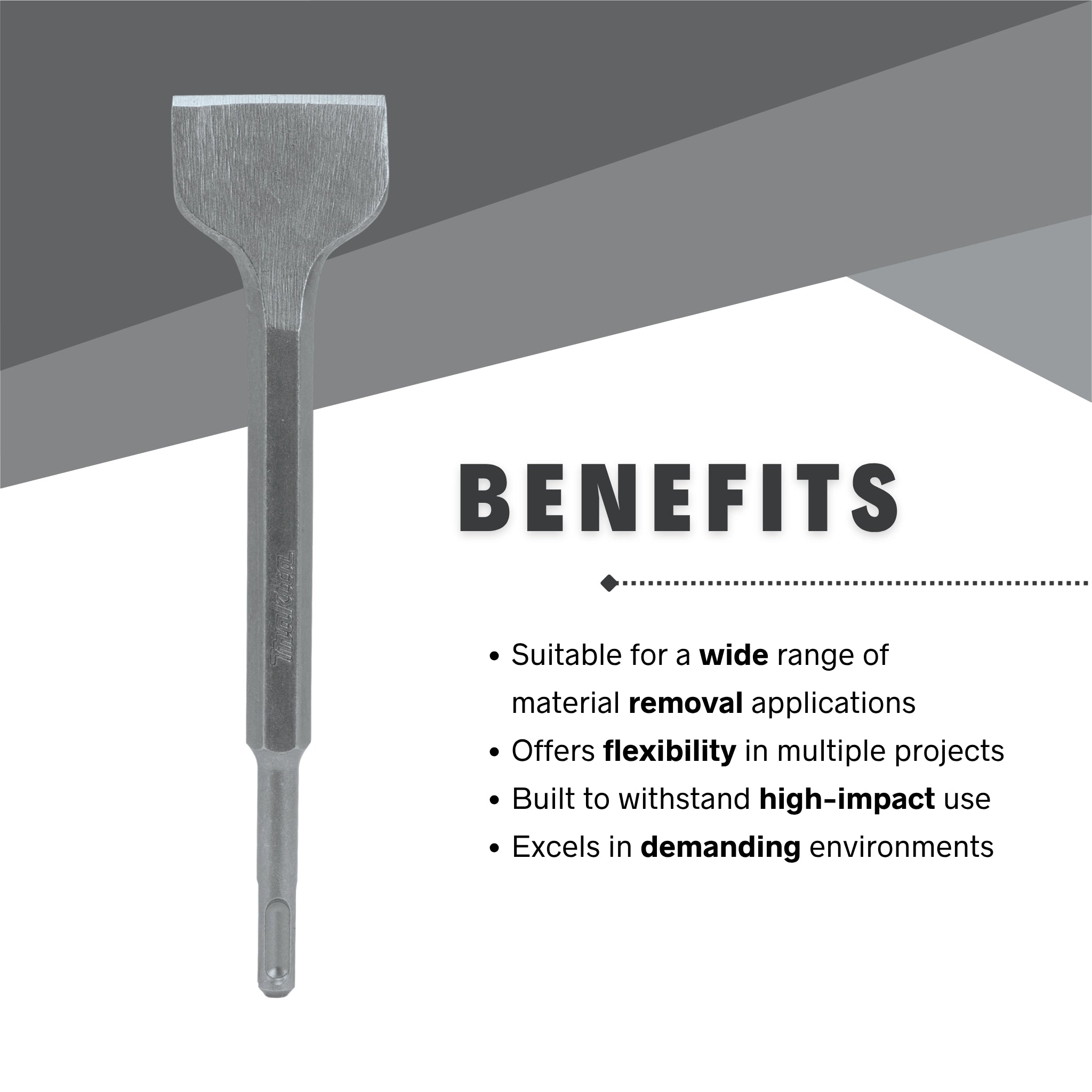 Makita 2" x 8.5" scaling chisel SDS+ benefits shown through efficient tile and concrete removal
