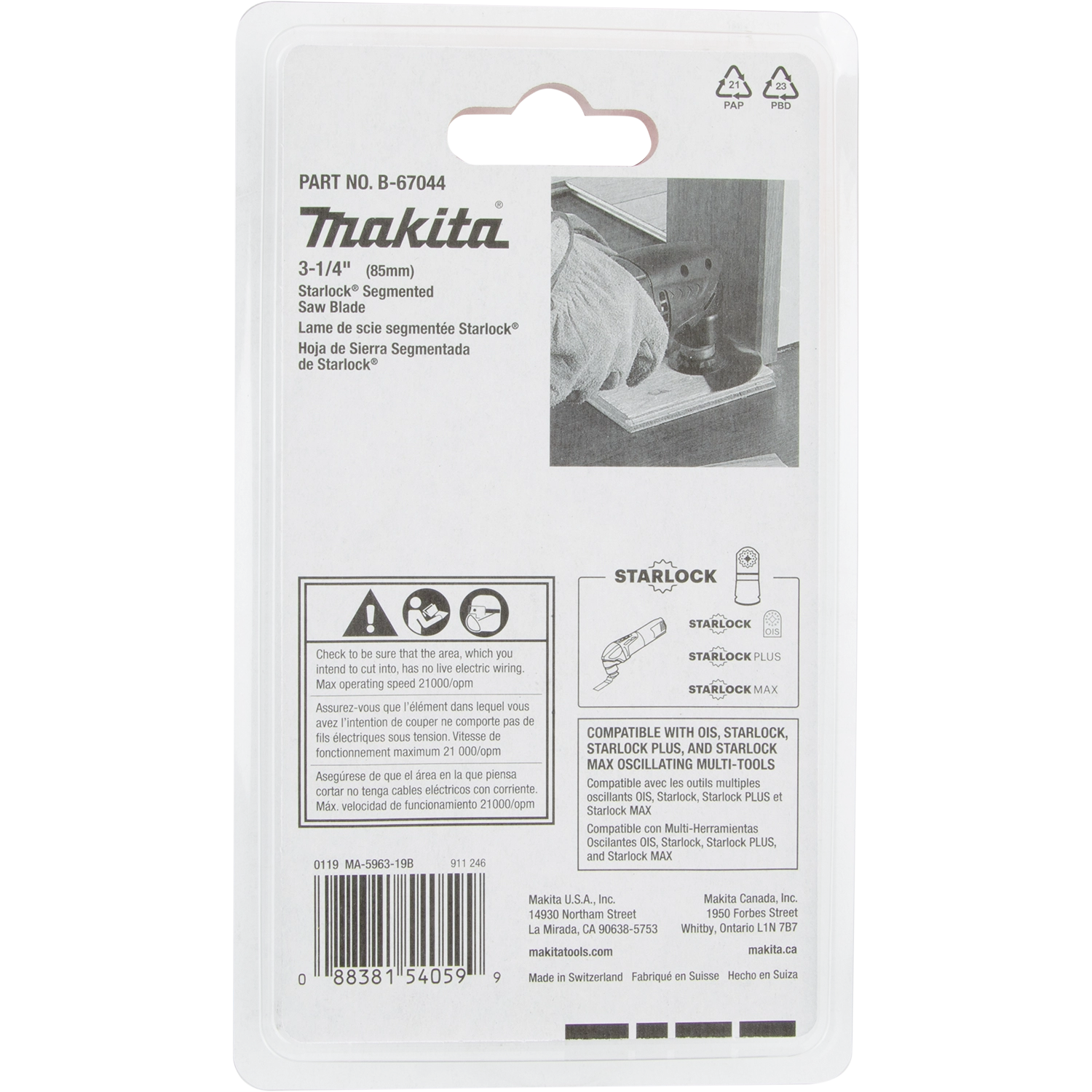 back of makita blade packaging showing part number b-67044 and material compatibility chart