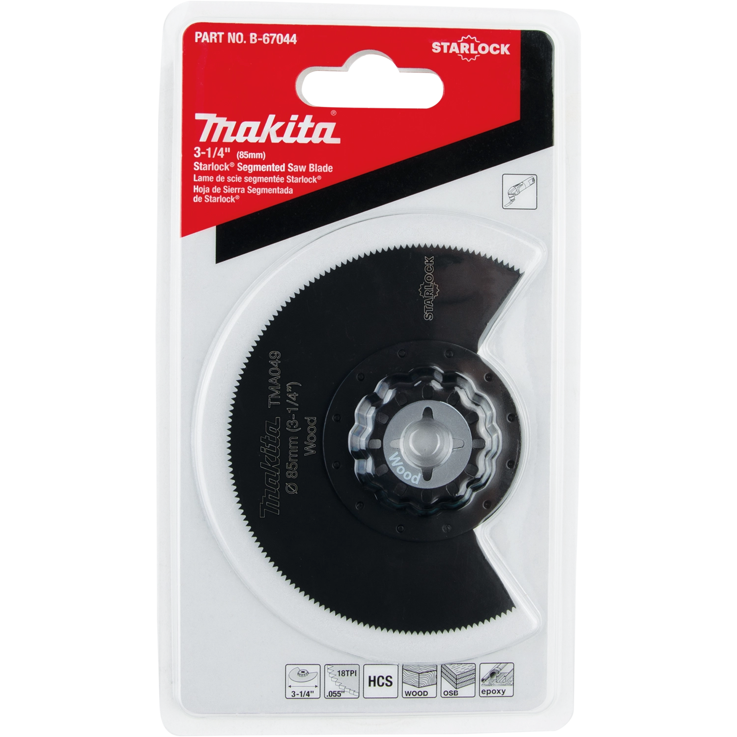 front of makita retail packaging showing starlock segmented blade through clear blister pack