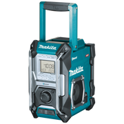 front angle view of makita grm02 radio showing lcd screen and speaker design