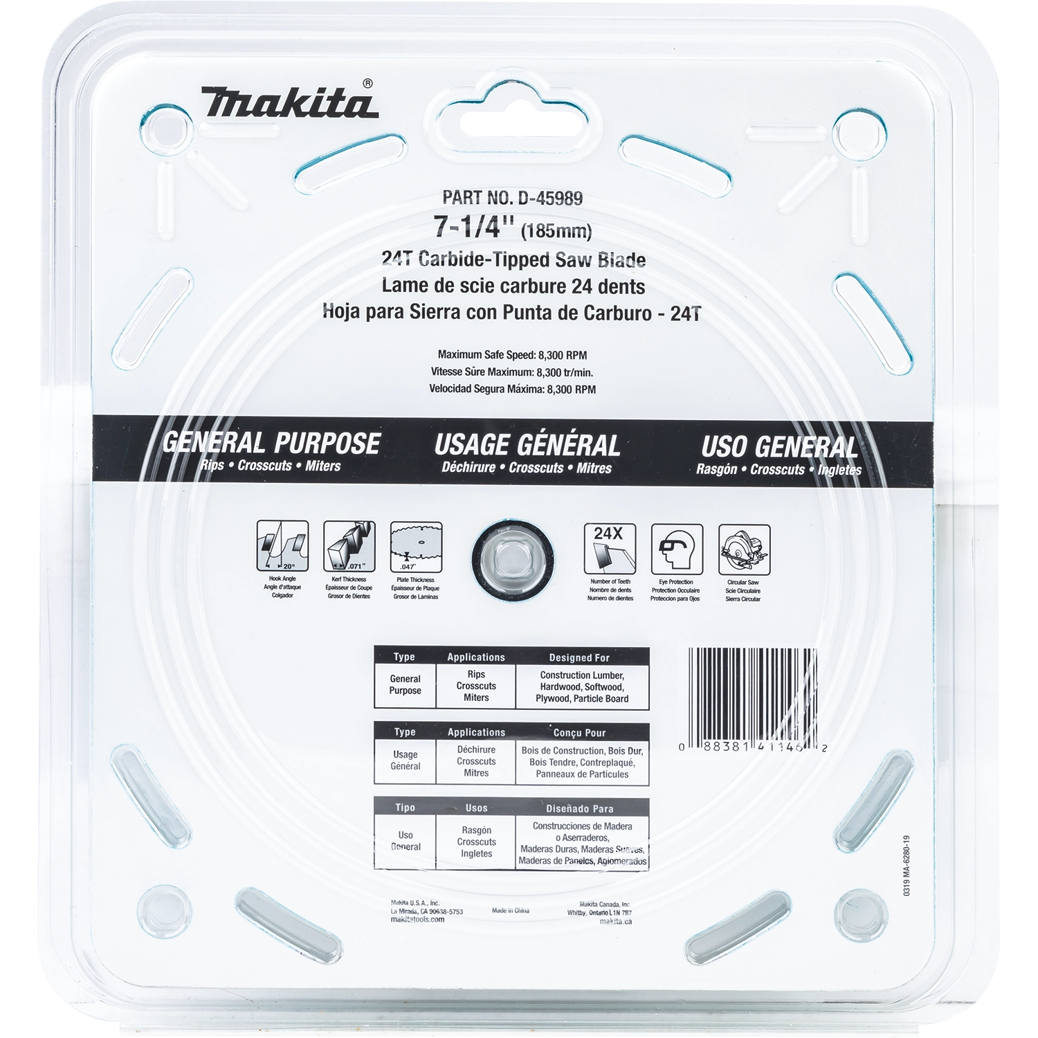 back of makita circular saw blade 10-pack packaging showing specs and usage details