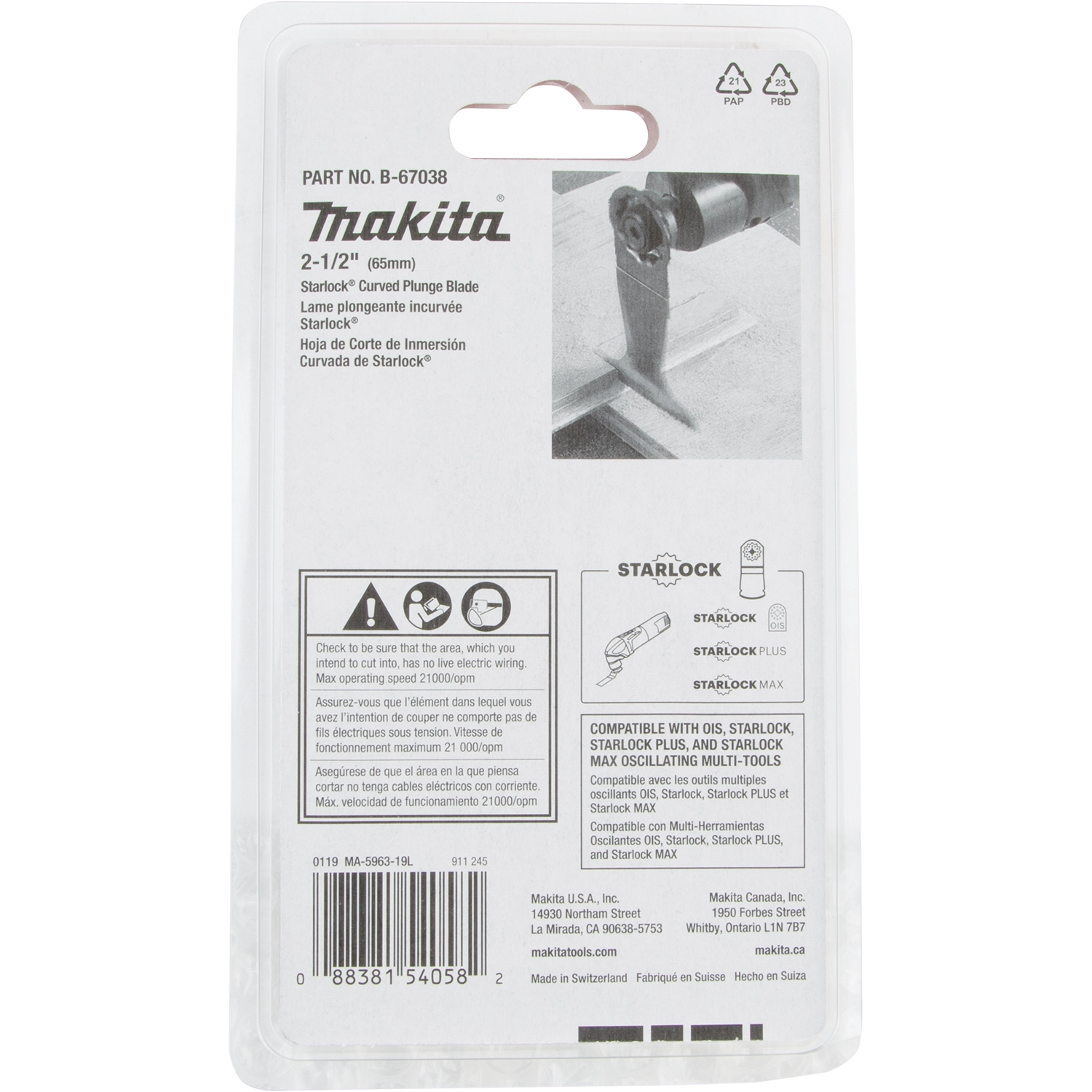 Back of Makita B-67038 packaging with usage and specs