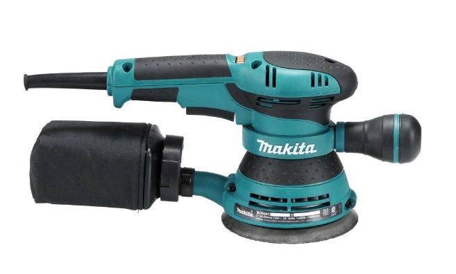 right side view of makita bo5041 sander displaying speed dial and handle design