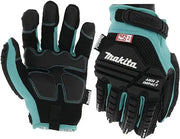 Front and back view of Makita impact-rated gloves showing knuckle padding and breathable mesh back
