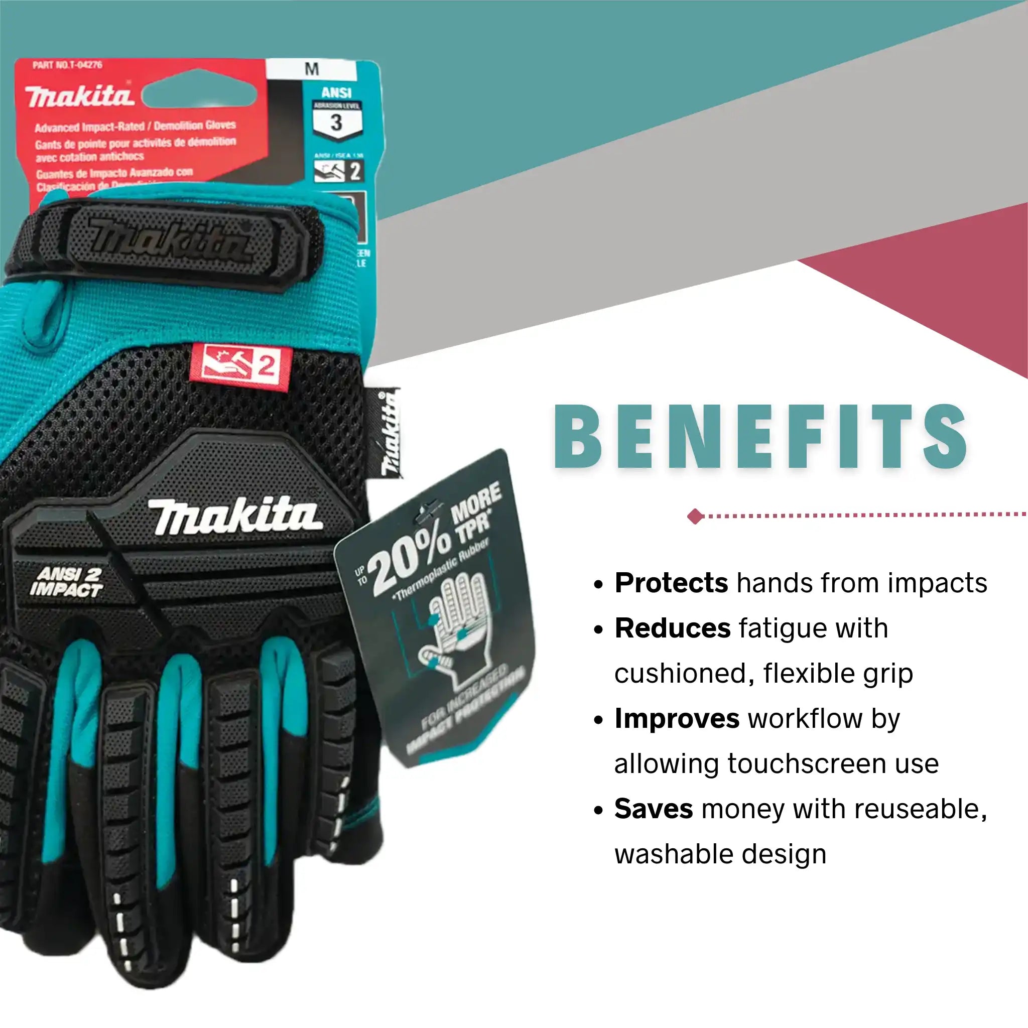Infographic showing Makita glove benefits like impact protection, touchscreen use, and machine washability