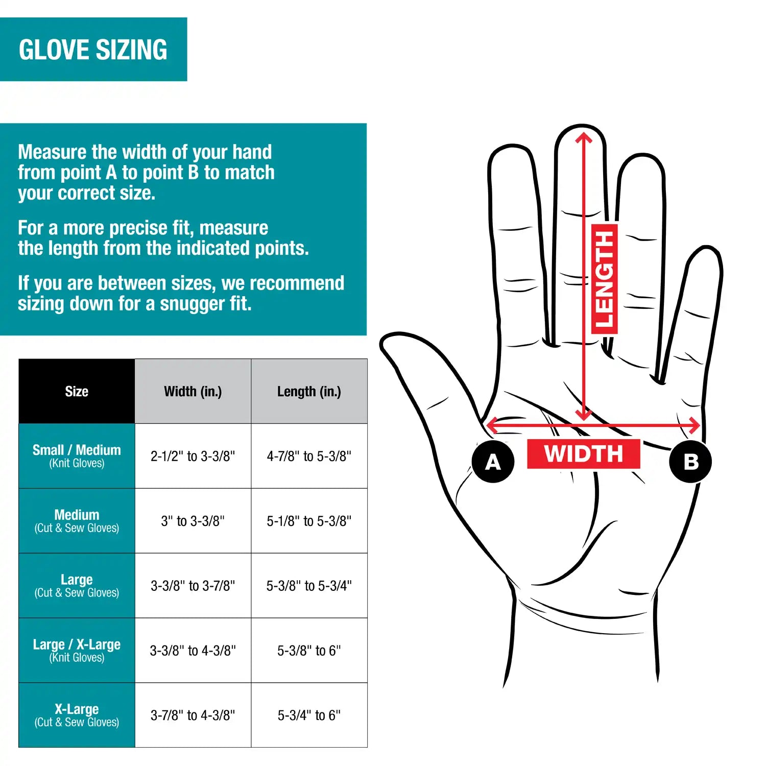 Makita demolition glove sizing chart for accurate hand measurement and fit selection