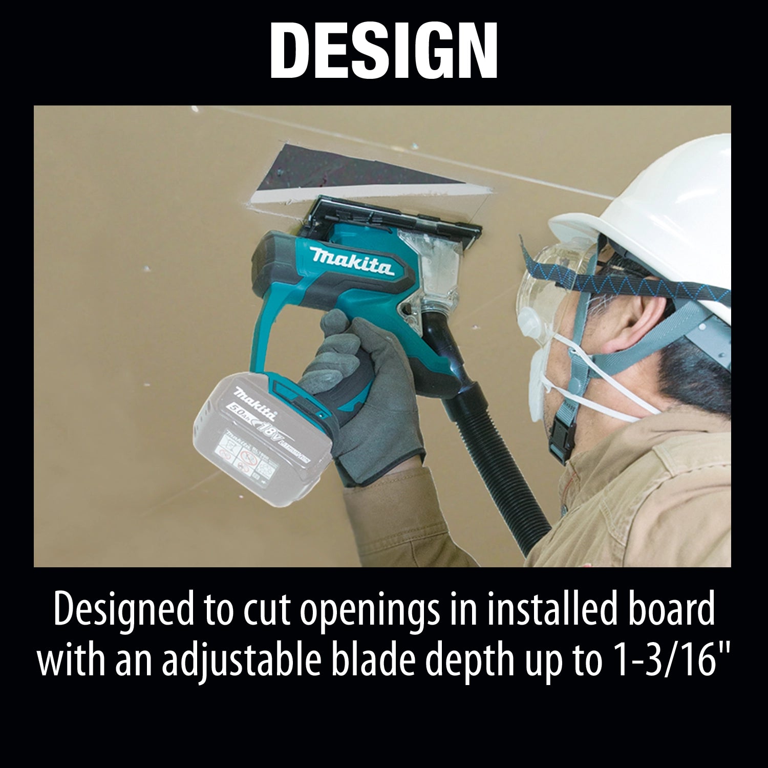 Close-up of Makita drywall saw showing compact and efficient design