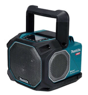 Left angled view of Makita GRM05 speaker with handle up