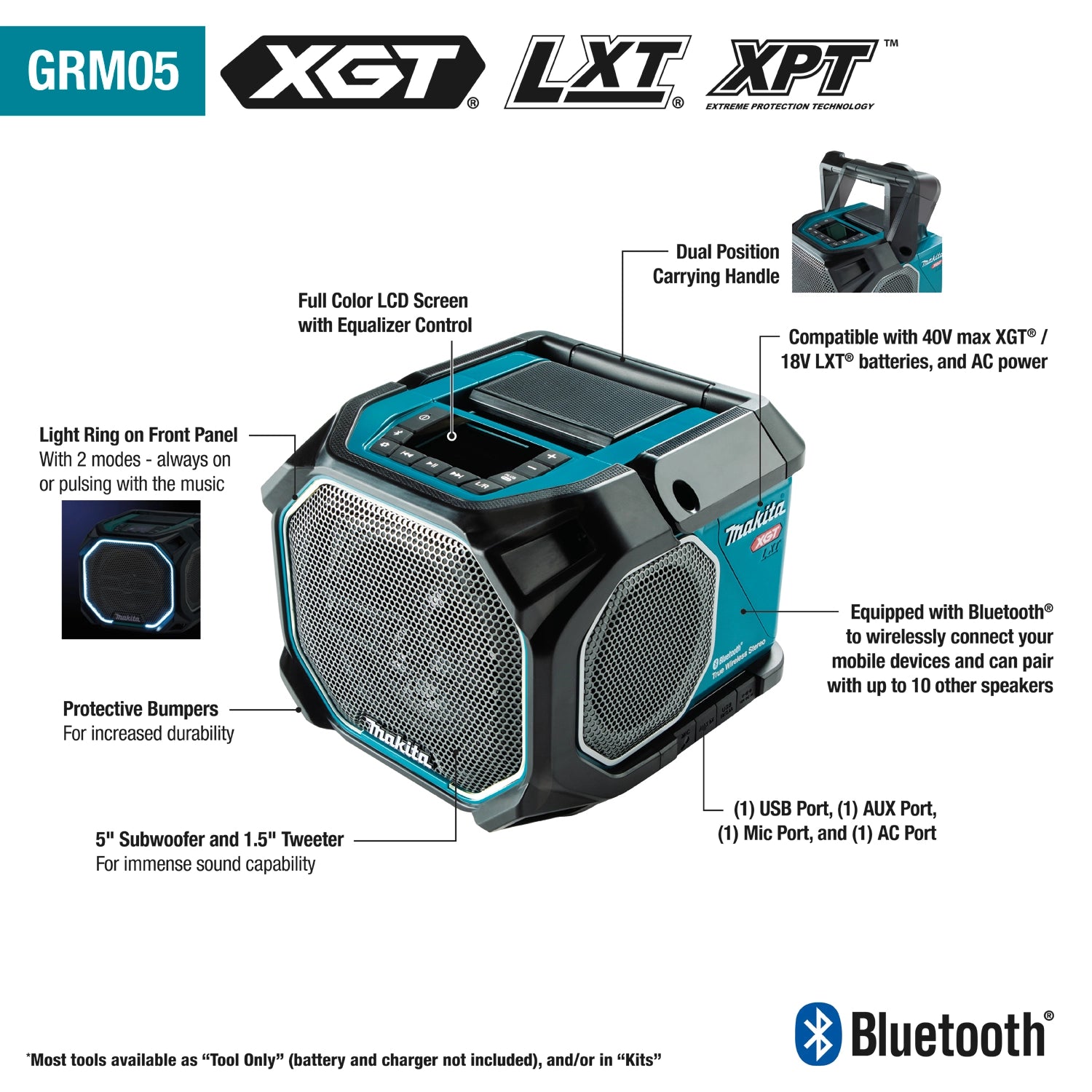 Makita GRM05 Bluetooth speaker highlighting premium jobsite features