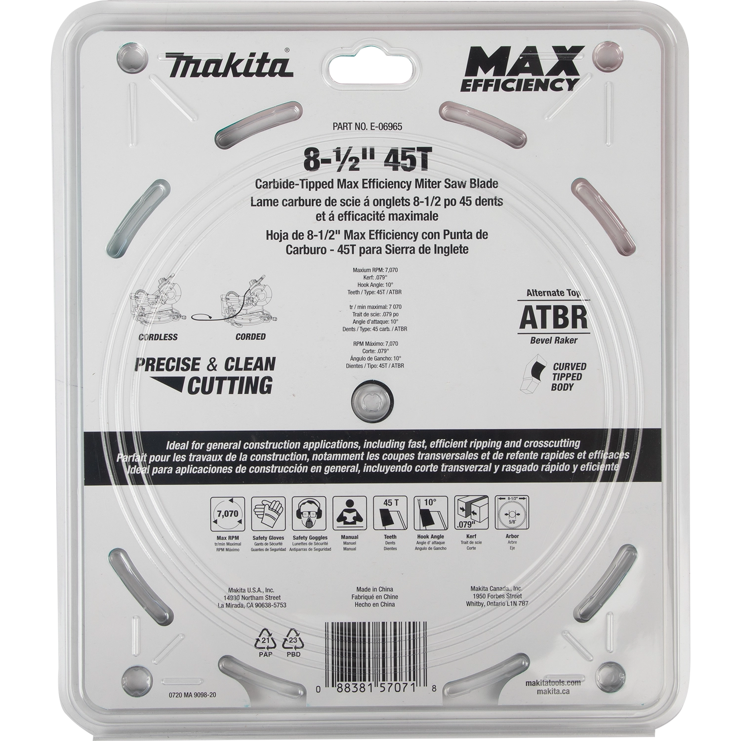 Back of Makita Max Efficiency saw blade packaging with specs and info