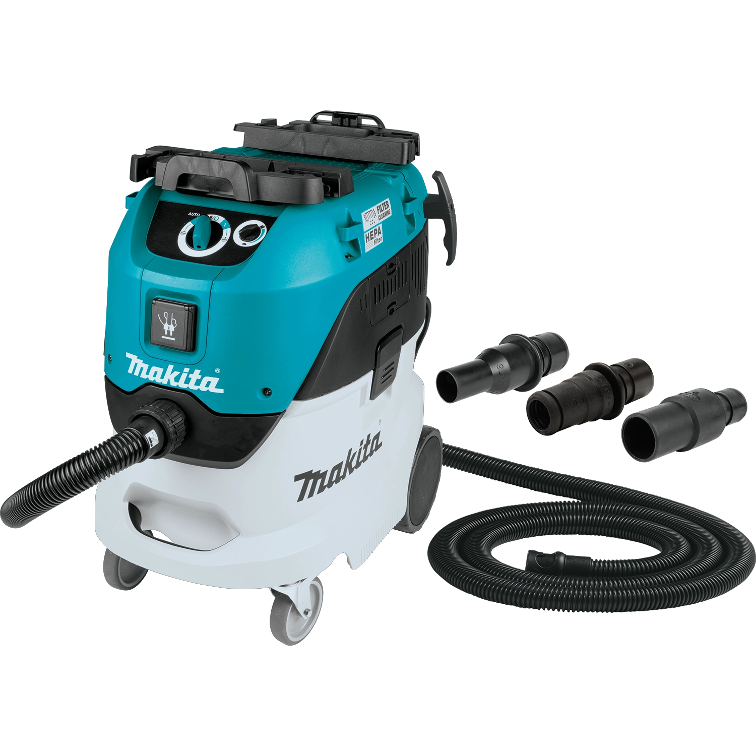 Makita VC4210L with anti-static hose and tool adapters displayed next to unit