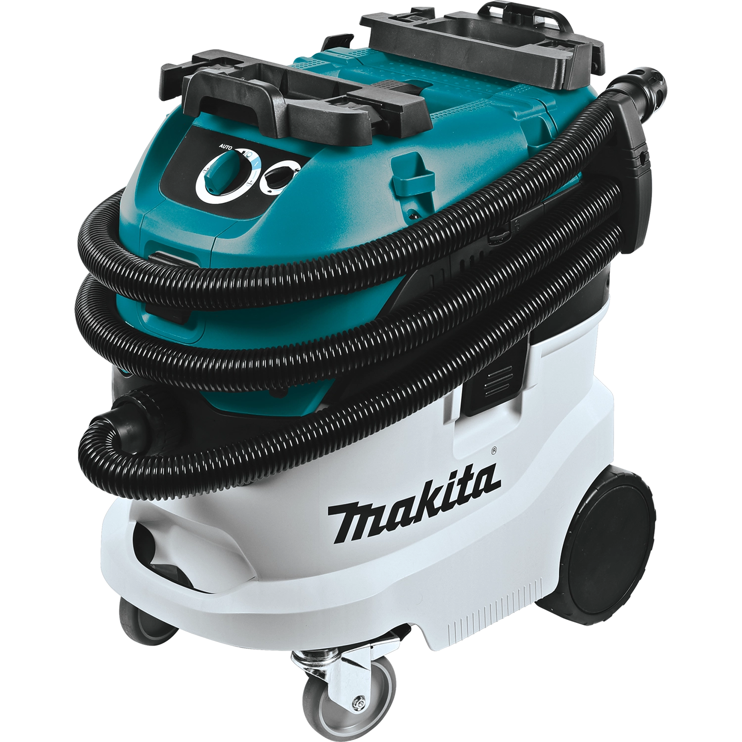 Makita VC4210L vacuum with hose wrapped around body showing wide wheels and control dial