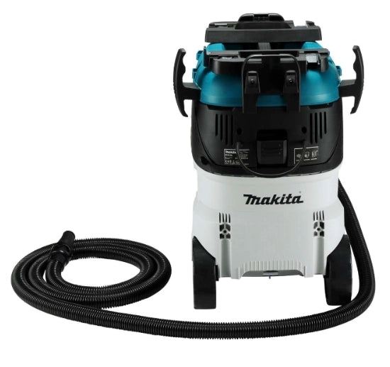 Direct rear view of Makita VC4210L dust extractor with hose coiled in front