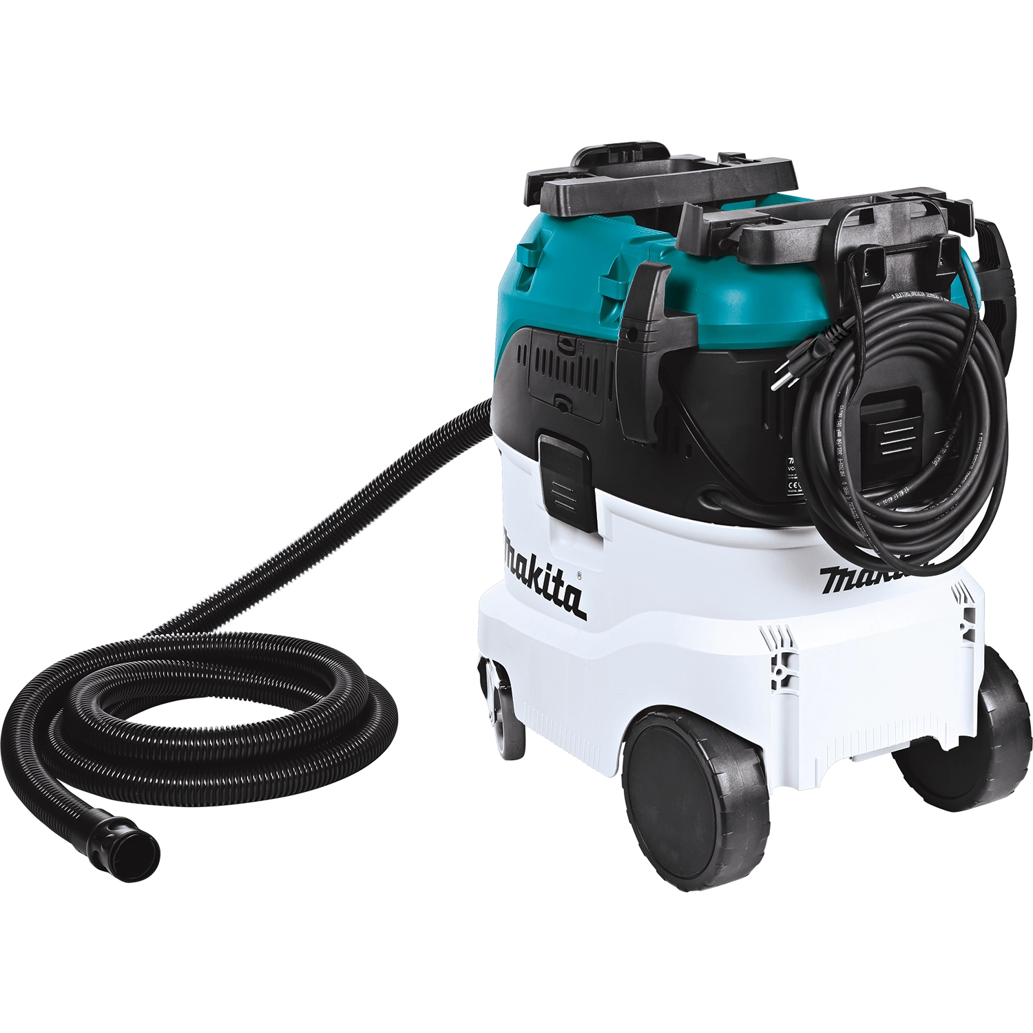 Rear angle of Makita VC4210L vacuum showing cord wrap and rear wheels