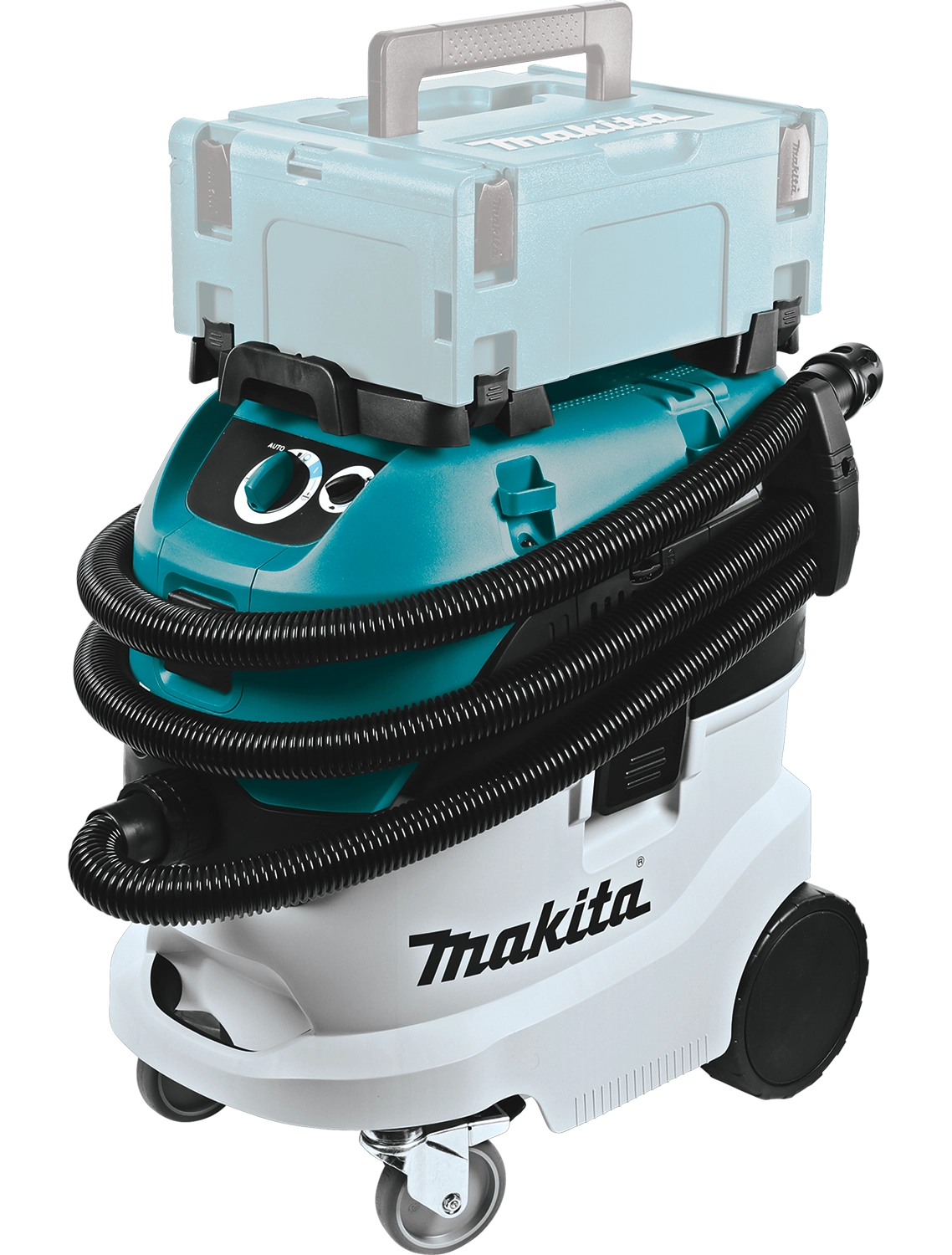 Makita VC4210L vacuum with Makita tool case stacked on top for storage compatibility