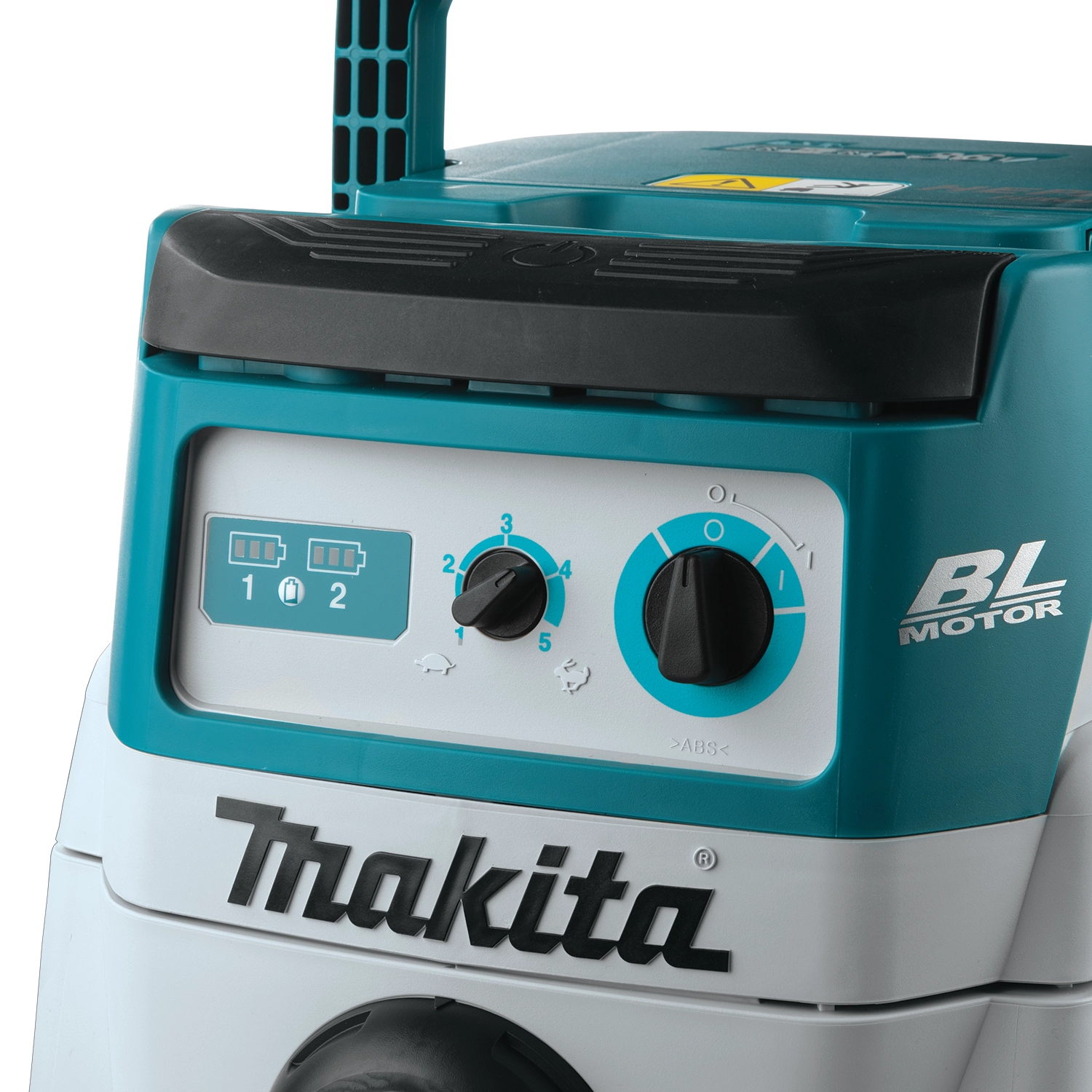control panel of makita 36v vacuum with variable speed dial and power toggle