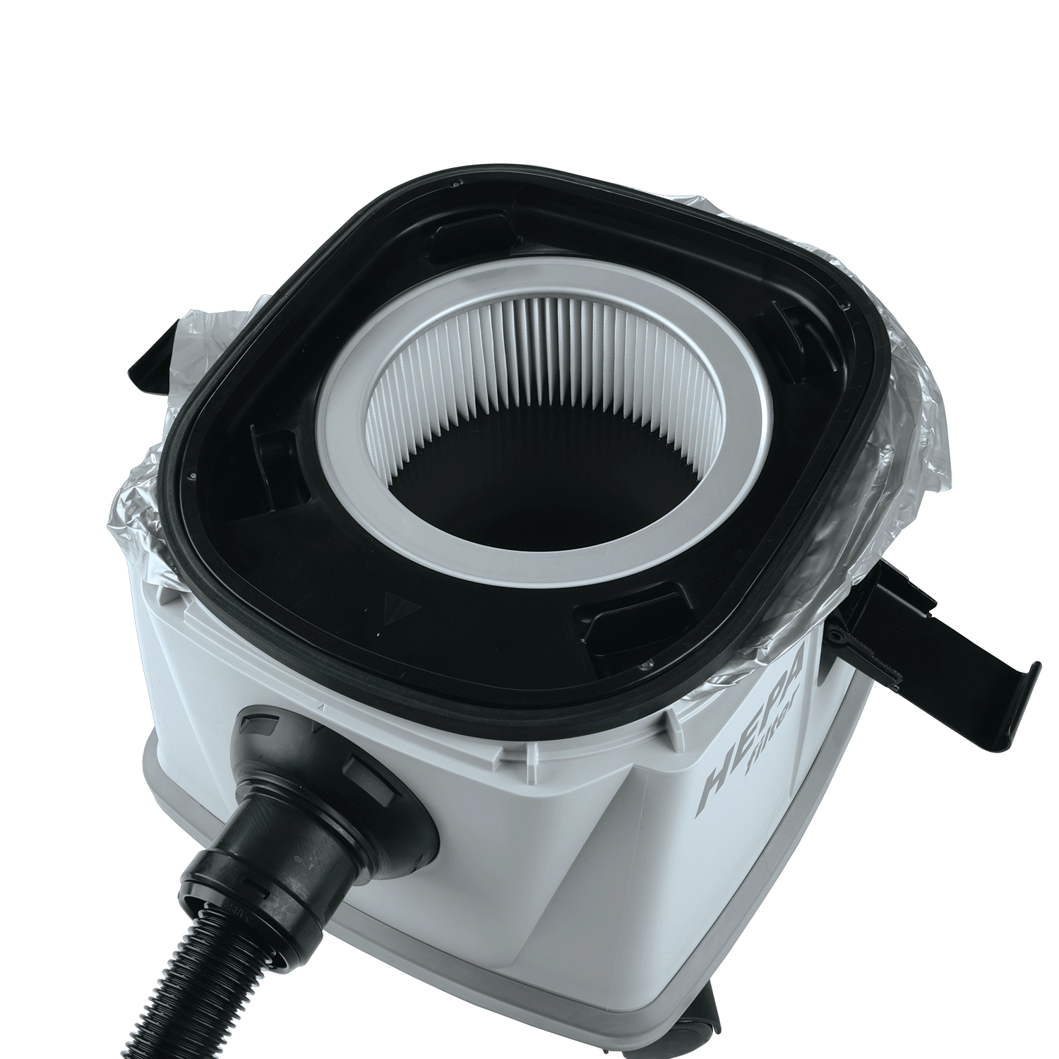 hepa filter and bag installed inside makita xcv24zx vacuum chamber