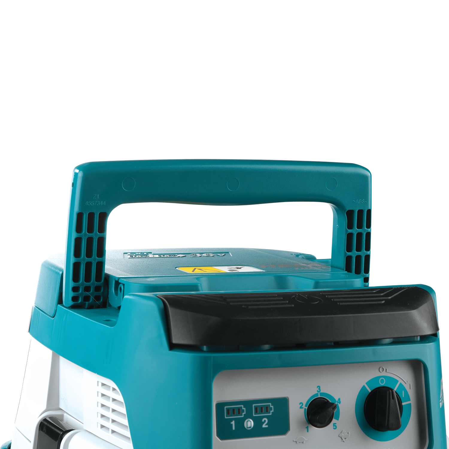 handle in upright position on makita vacuum for transport and mobility
